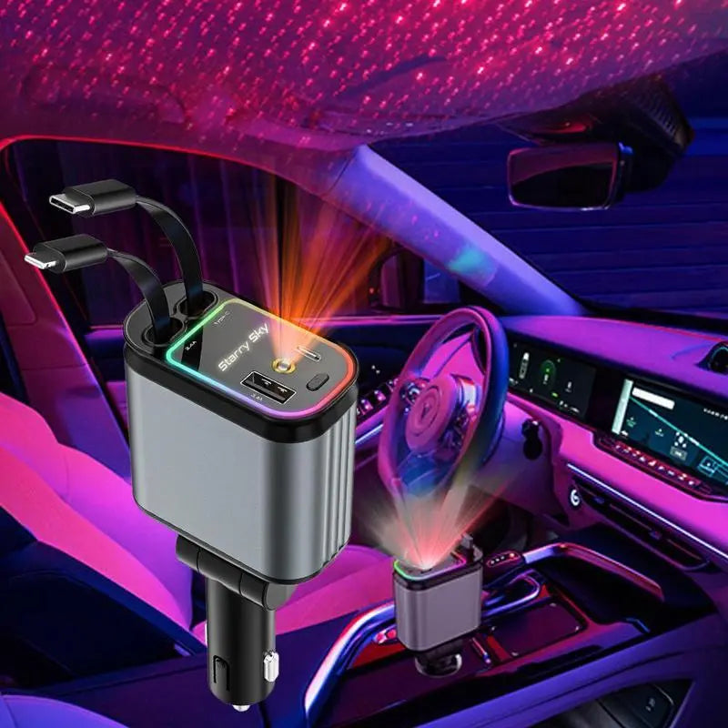Retractable 4-in-1 Car Charger with Star Roof Light