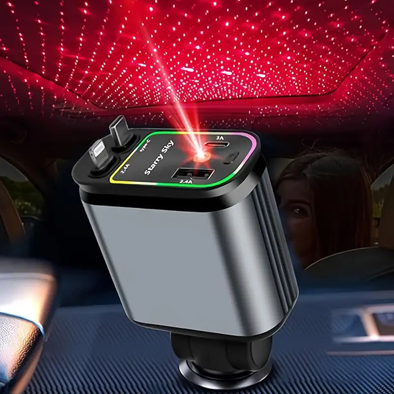 Retractable 4-in-1 Car Charger with Star Roof Light