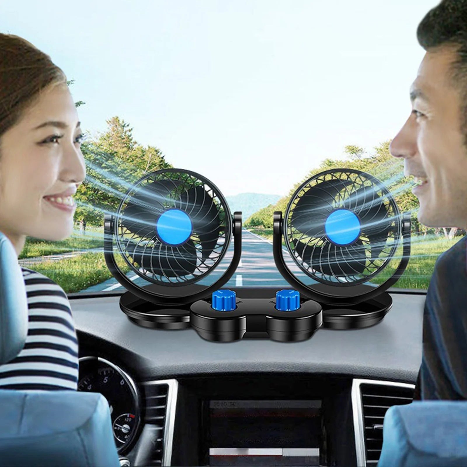 Dual Head Car Fan – Powerful Cooling with 360° Rotation