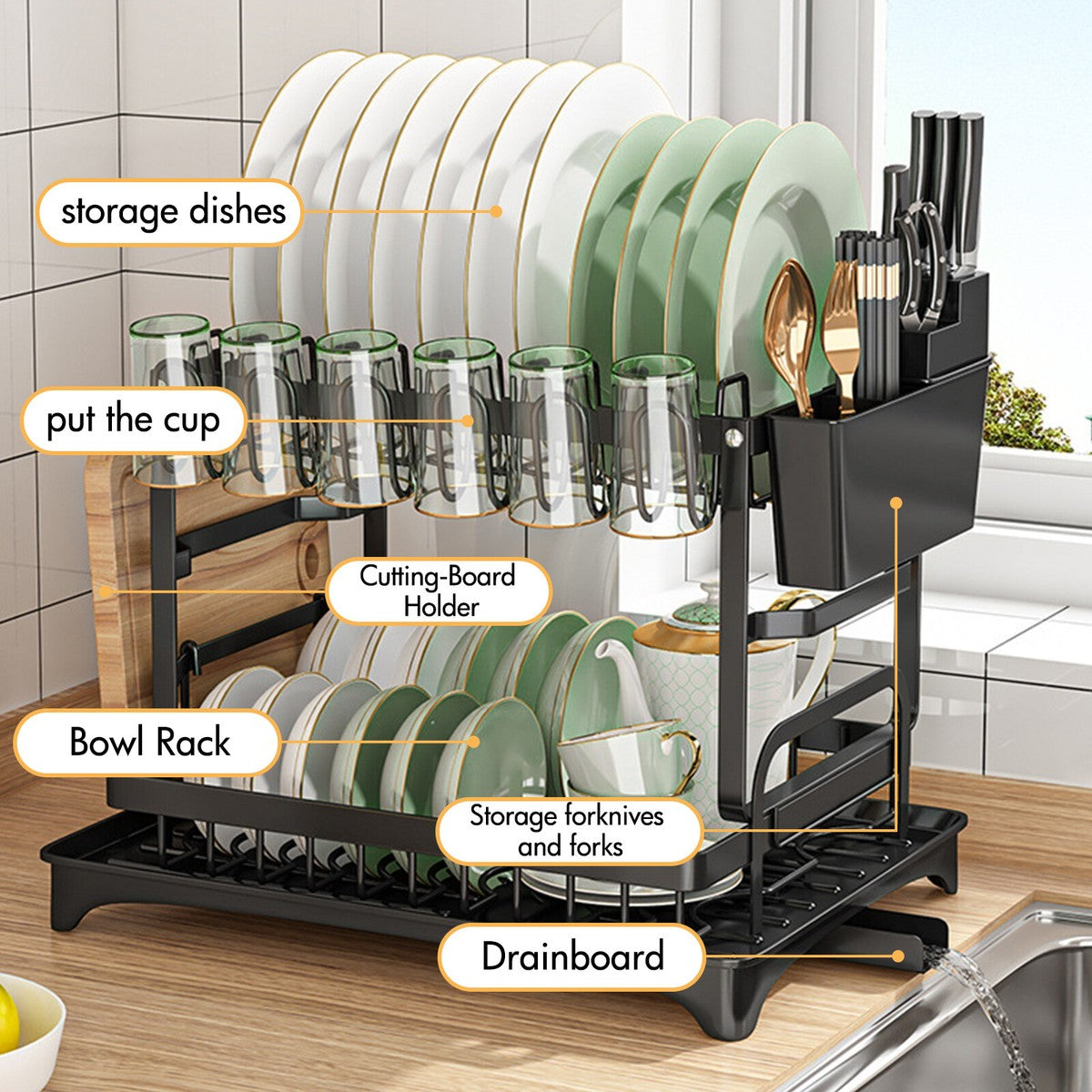 Neo 2 Tier Dish Drain Rack with Draining Outlet رف تصفية الأطباق طابقين مع منفذ تصريف