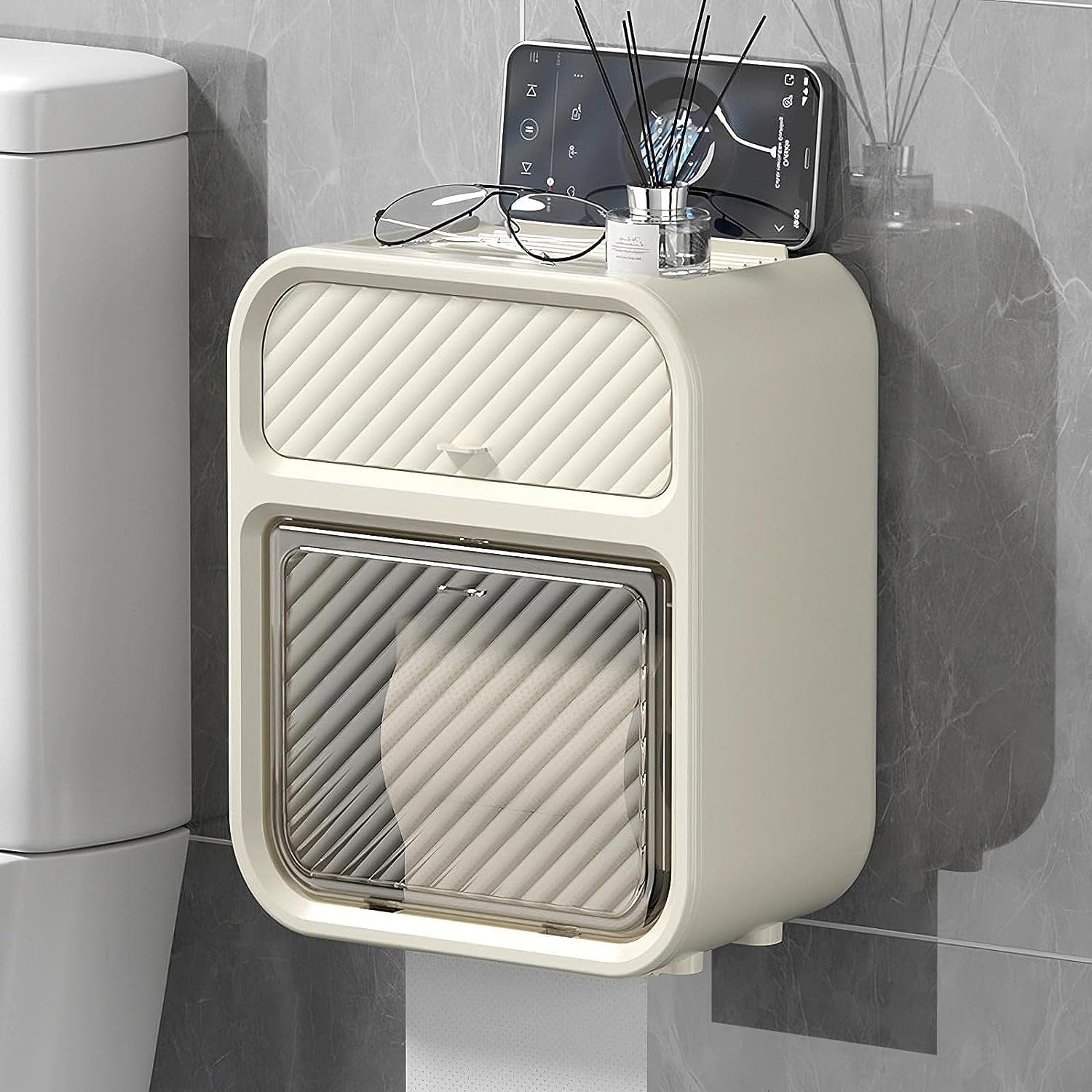 Tissue Holder with Storage Box Wall Mounted حامل مناديل جداري مع صندوق تخزين