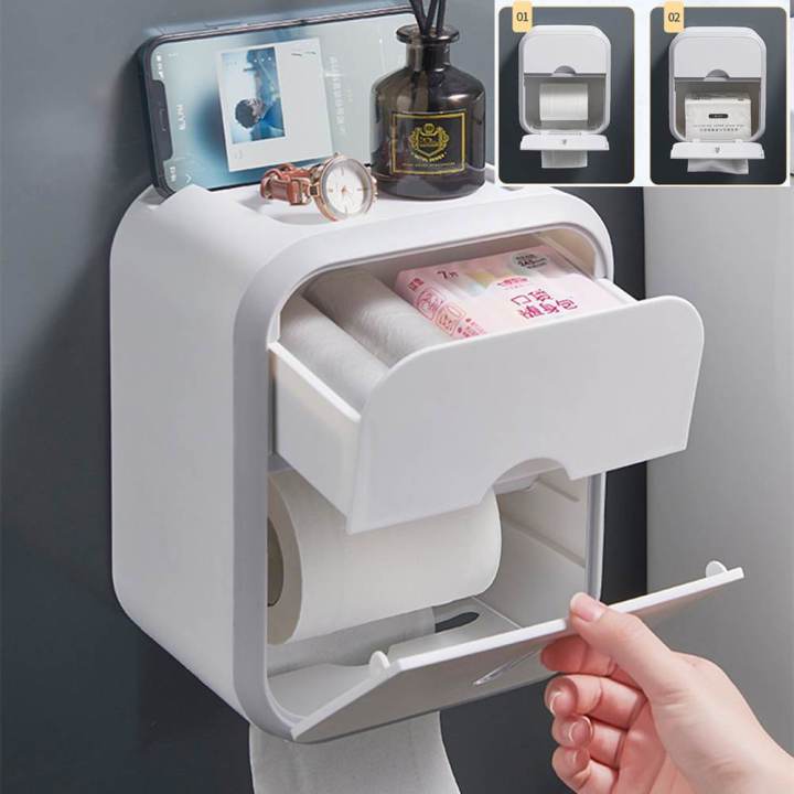 Tissue Holder with Storage Box Wall Mounted حامل مناديل جداري مع صندوق تخزين